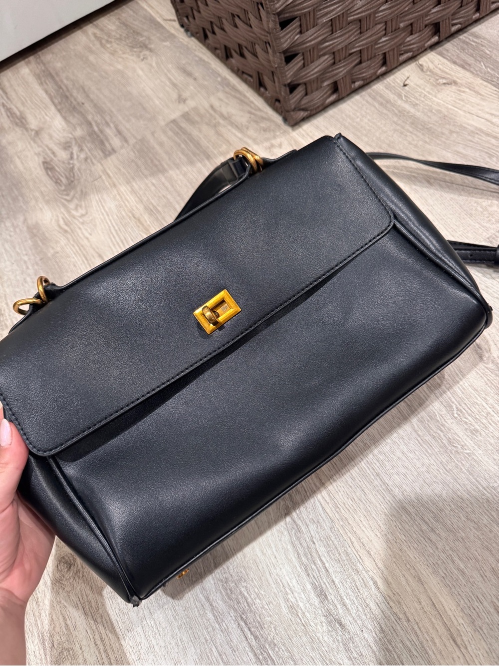 Black Faux Leather Shoulder Bag Gold Hardware Small